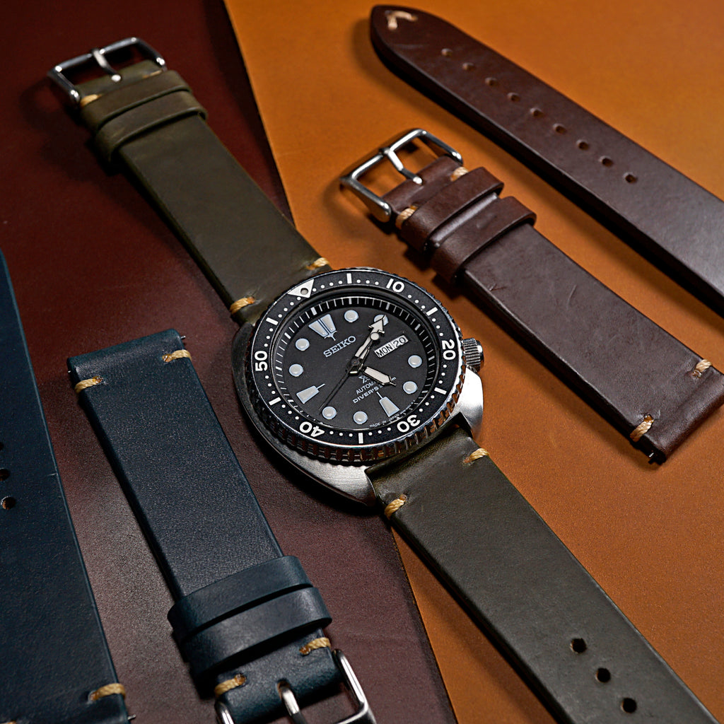 N2W Vintage Horween Leather Strap in Chromexcel® Olive with Silver Buckle (22mm)
