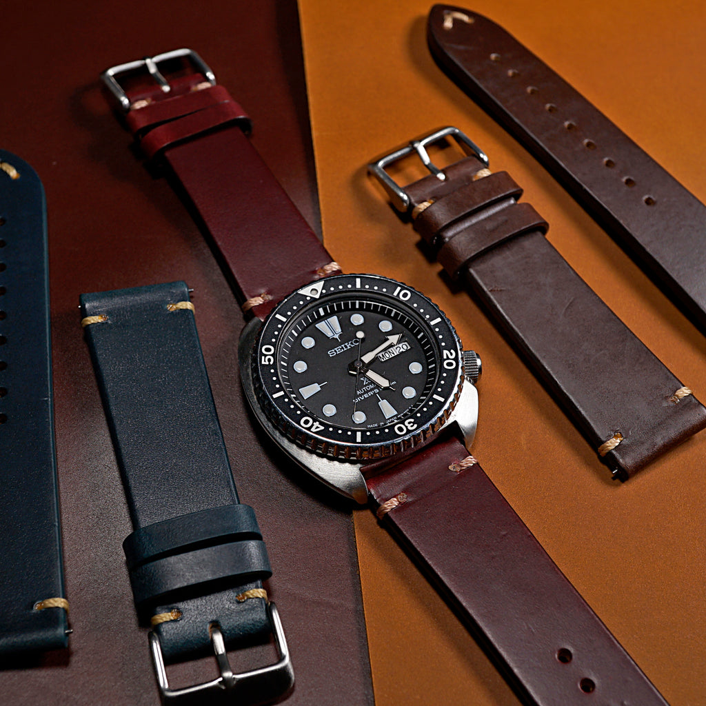N2W Vintage Horween Leather Strap in Chromexcel® Burgundy with Silver Buckle (20mm)