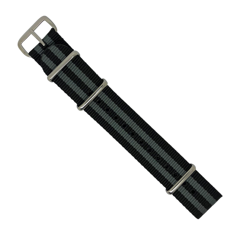 Premium Nato Strap in Black Grey (James Bond) with Polished Silver Buckle (24mm)