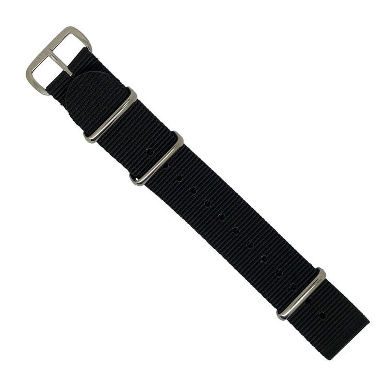 Premium Nato Strap in Black with Polished Silver Buckle (20mm) - Nomadstore Singapore