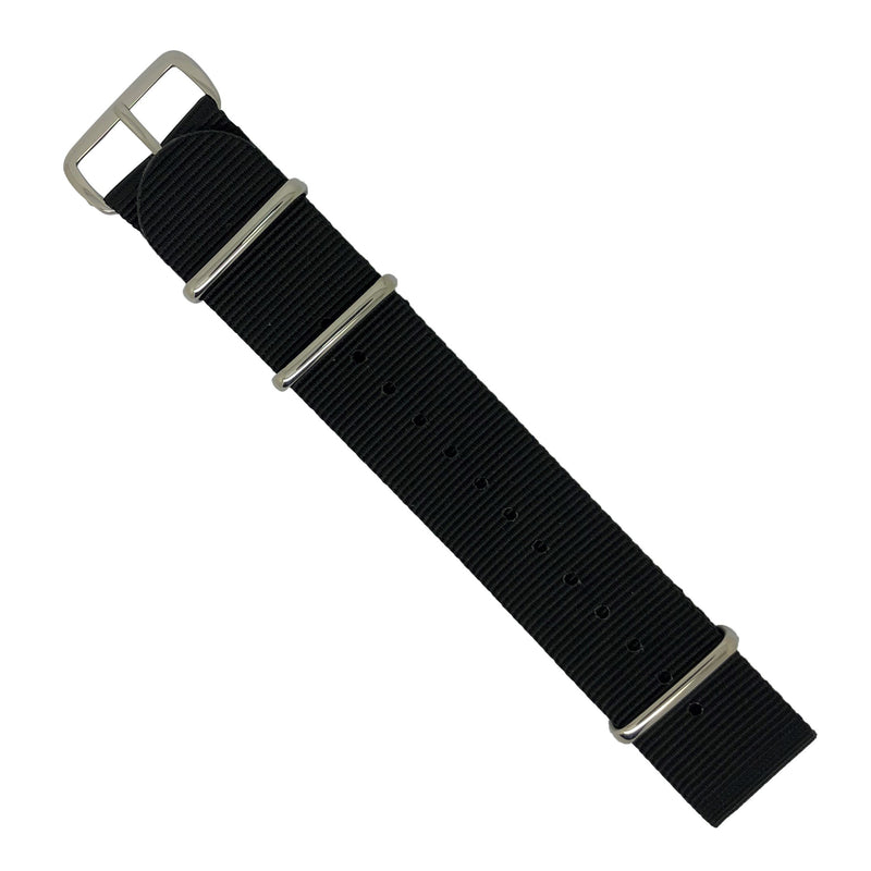 Premium Nato Strap in Black with Polished Silver Buckle (24mm)