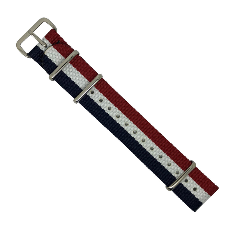 Premium Nato Strap in Navy White Red with Polished Silver Buckle (18mm)