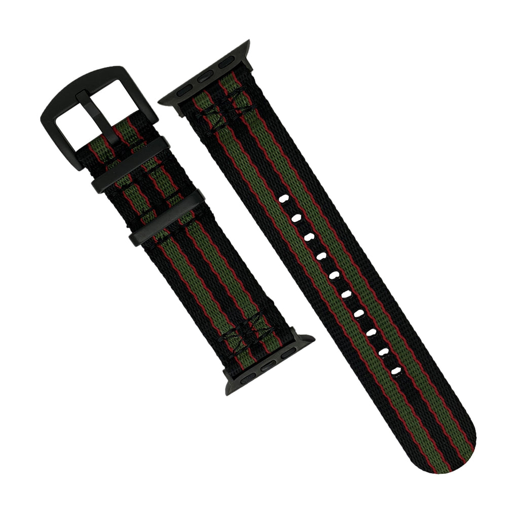 Apple Watch Seat Belt Nylon Nato Strap in Black Green Red (James Bond) with Black Buckle (42, 44, 45, 49mm)