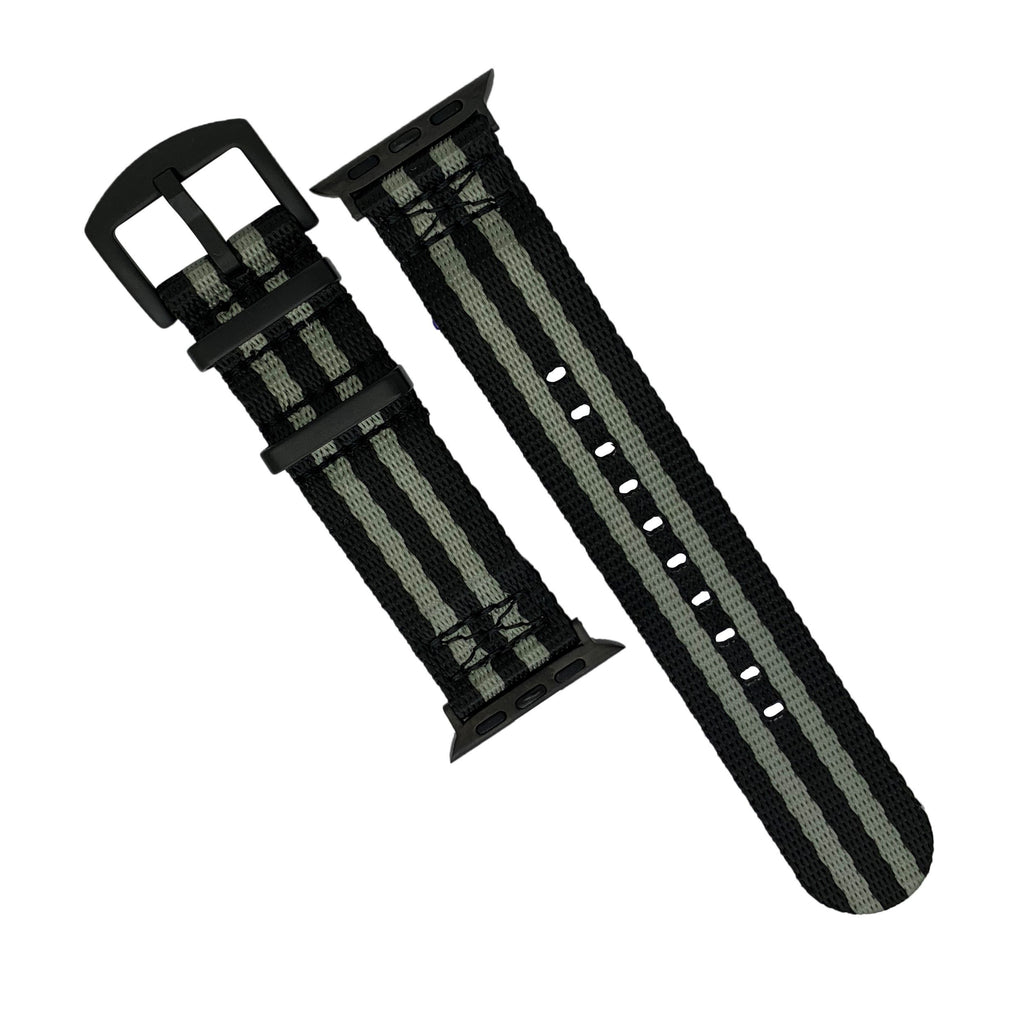 Apple Watch Seat Belt Nylon Nato Strap in Black Grey (James Bond) with Black Buckle (38, 40, 41mm)