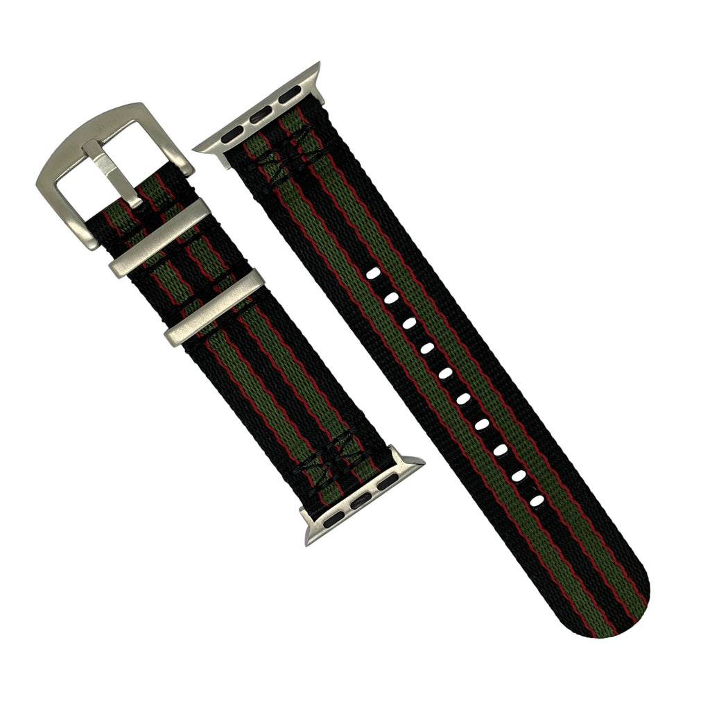 Apple Watch Seat Belt Nylon Nato Strap in Black Green Red (James Bond) with Silver Buckle (38, 40, 41mm)