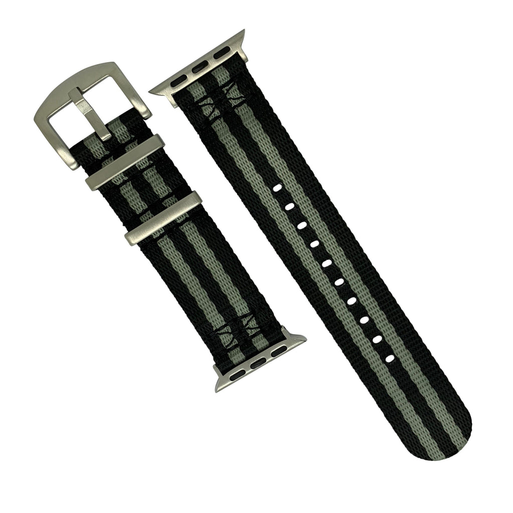Apple Watch Seat Belt Nylon Nato Strap in Black Grey (James Bond) with Silver Buckle (38, 40, 41mm)