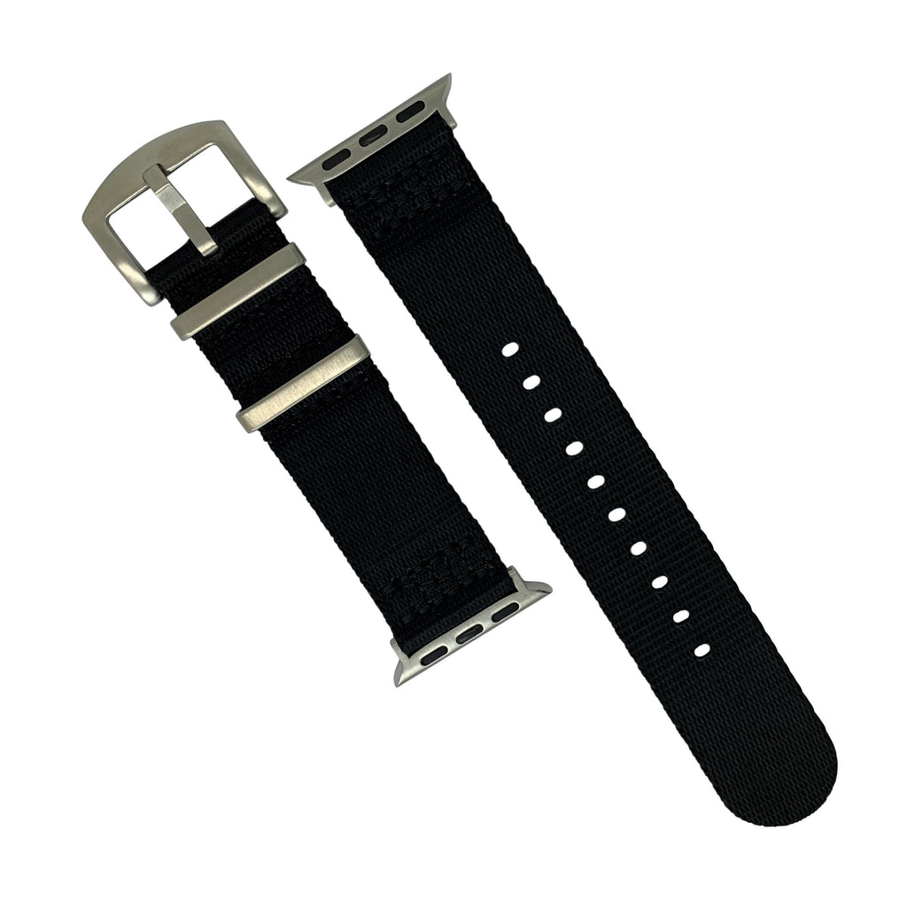 Apple Watch Seat Belt Nylon Nato Strap in Black with Silver Buckle (38, 40, 41mm)
