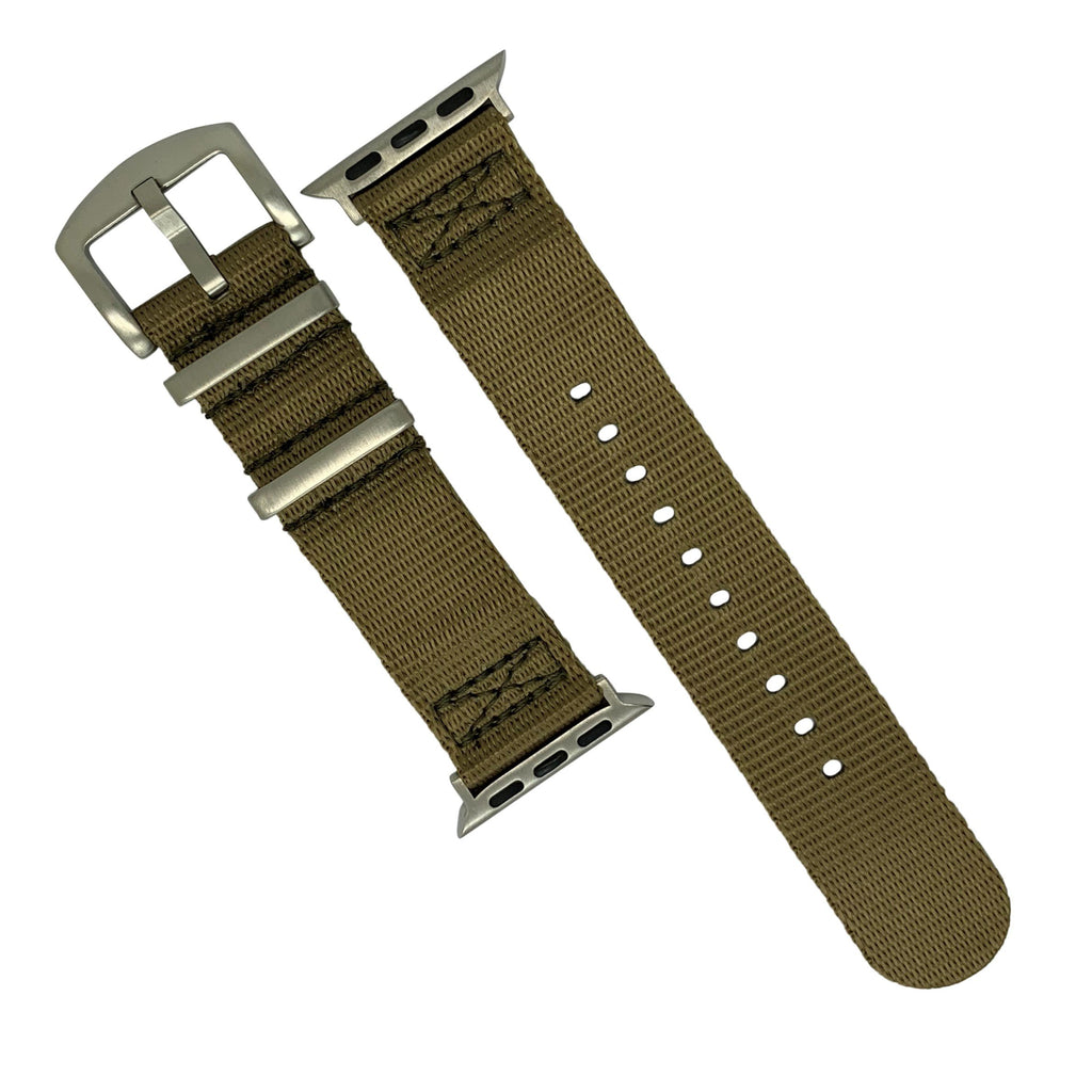 Apple Watch Seat Belt Nylon Nato Strap in Khaki with Silver Buckle (38, 40, 41mm)