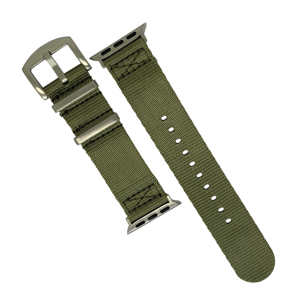 Apple Watch Seat Belt Nylon Nato Strap in Olive with Silver Buckle (38, 40, 41mm)