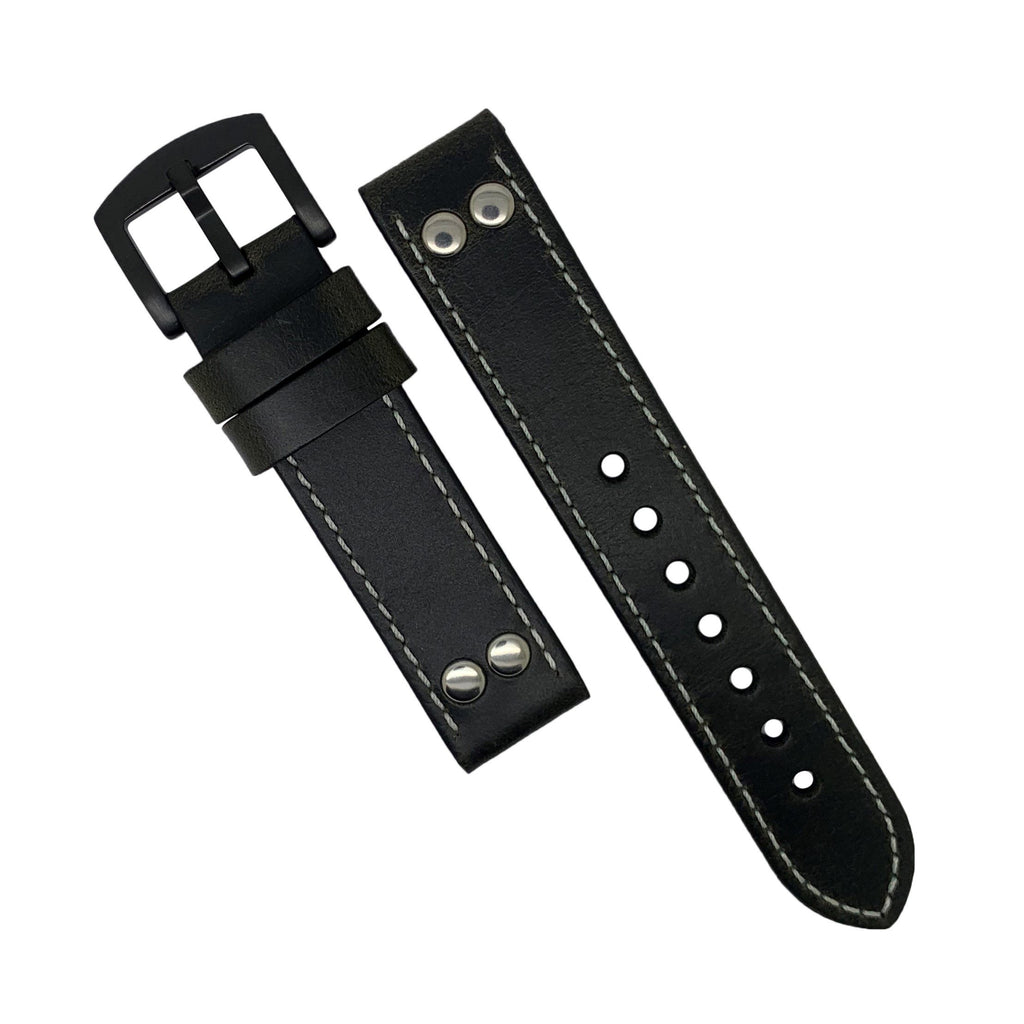 Premium Pilot Oil Waxed Leather Watch Strap in Black with Black Buckle (20mm)