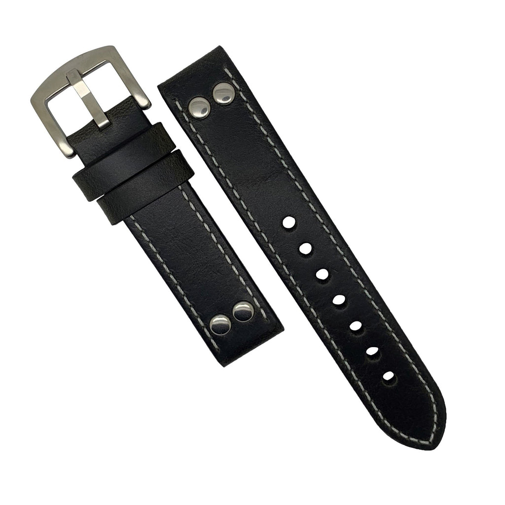 Premium Pilot Oil Waxed Leather Watch Strap in Black with Silver Buckle (22mm)
