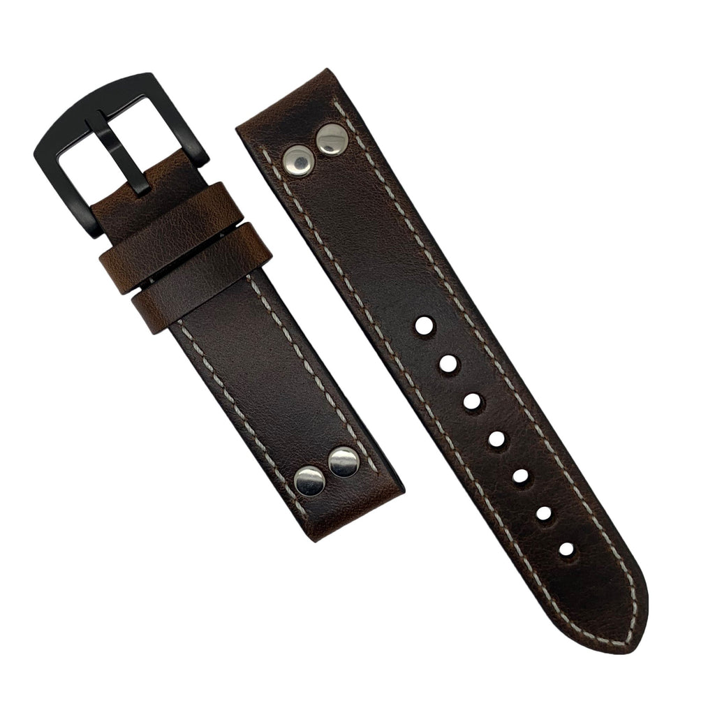 Premium Pilot Oil Waxed Leather Watch Strap in Brown with Black Buckle (20mm)