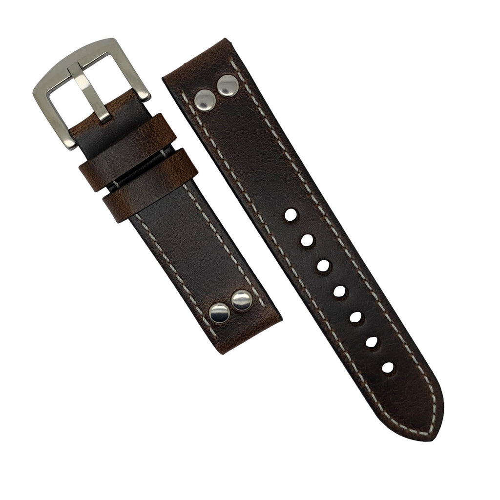 Premium Pilot Oil Waxed Leather Watch Strap in Brown with Silver Buckle (20mm)
