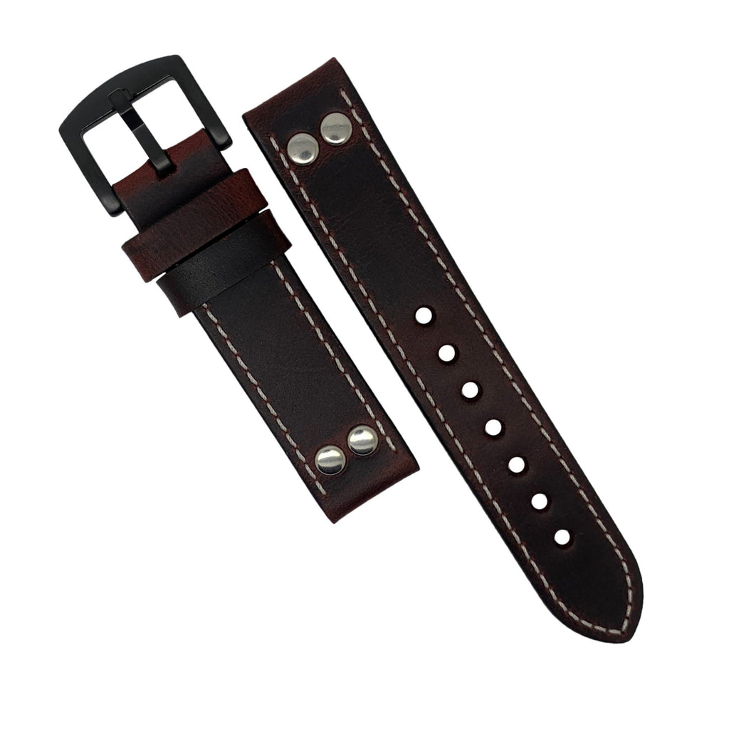 Premium Pilot Oil Waxed Leather Watch Strap in Maroon with Black Buckle (20mm)