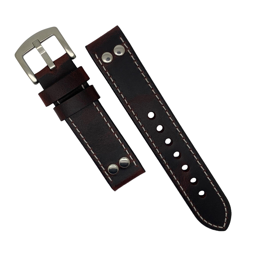 Premium Pilot Oil Waxed Leather Watch Strap in Maroon with Silver Buckle (20mm)