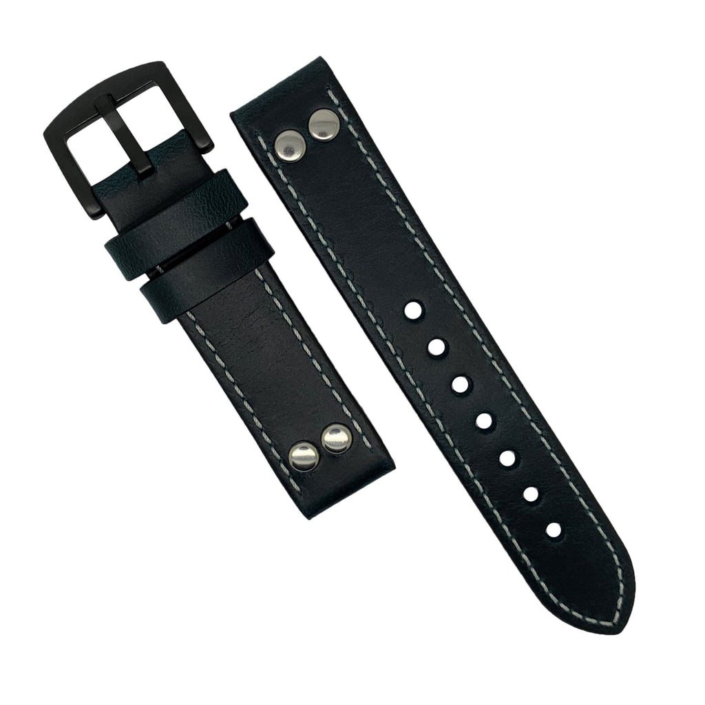 Premium Pilot Oil Waxed Leather Watch Strap in Navy with Black Buckle (20mm)