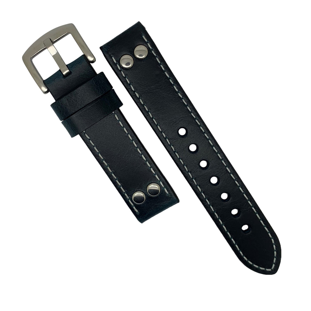 Premium Pilot Oil Waxed Leather Watch Strap in Navy with Silver Buckle (20mm)