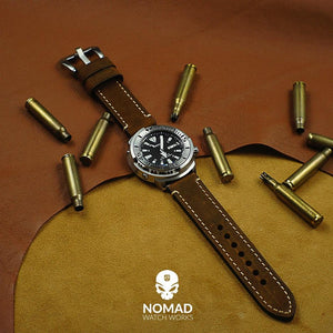 M1 Vintage Leather Watch Strap in Brown with Pre-V Silver Buckle (20mm) - Nomad watch Works