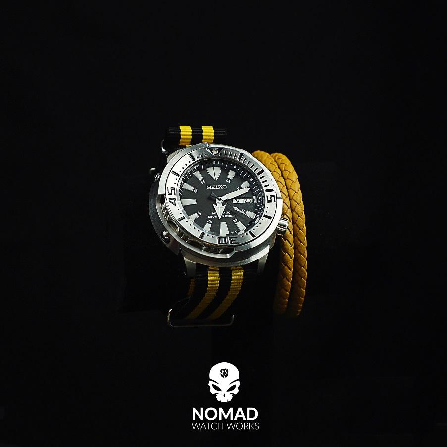 Premium Nato Strap in Black Yellow Small Stripes Bumblebee with Polished Silver Buckle (20mm)