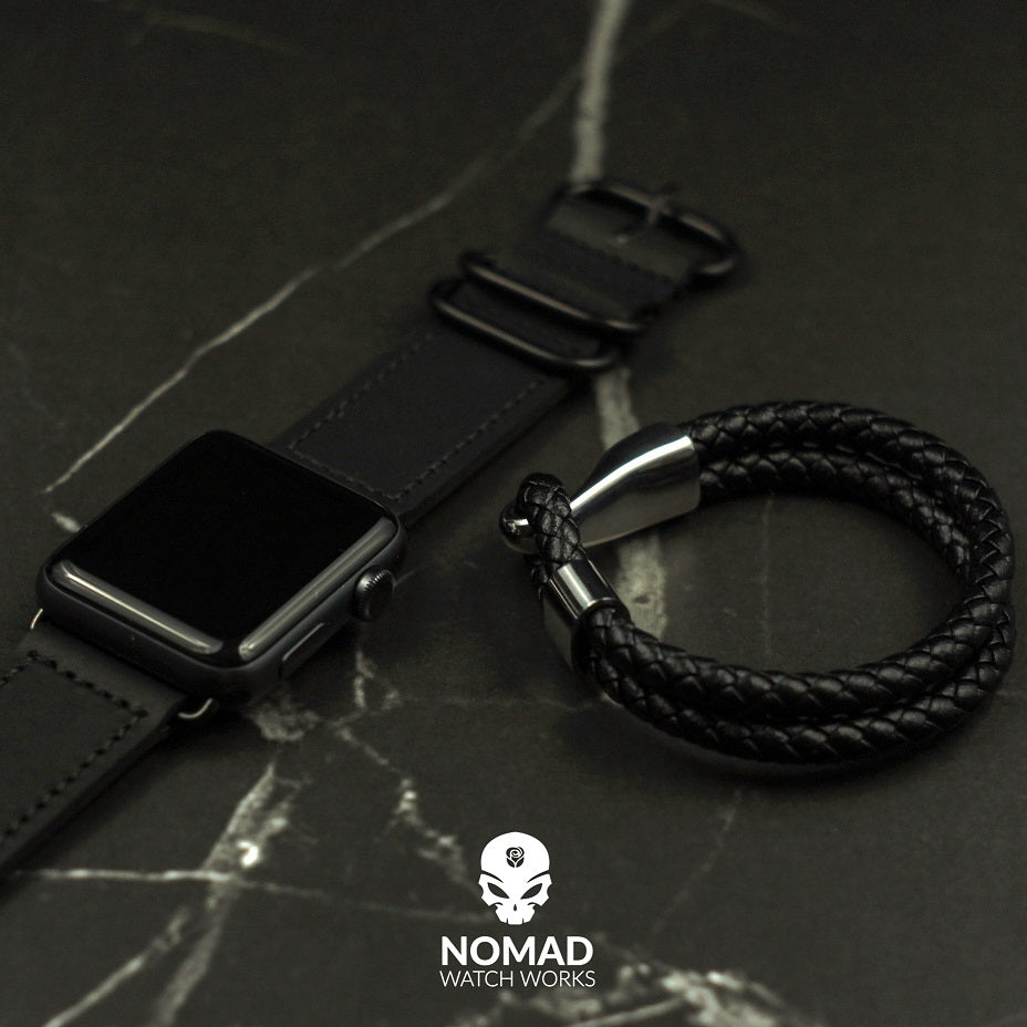 Apple Watch Leather Zulu Strap in Black with Silver Buckle (38, 40, 41mm)