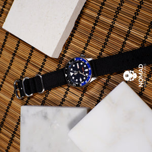 Two Piece Heavy Duty Zulu Strap in Black with PVD Black Buckle (22mm)