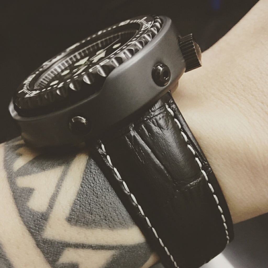 Genuine Black Leather Watch Strap in White Stitching with Black Deployant Clasp (18mm)