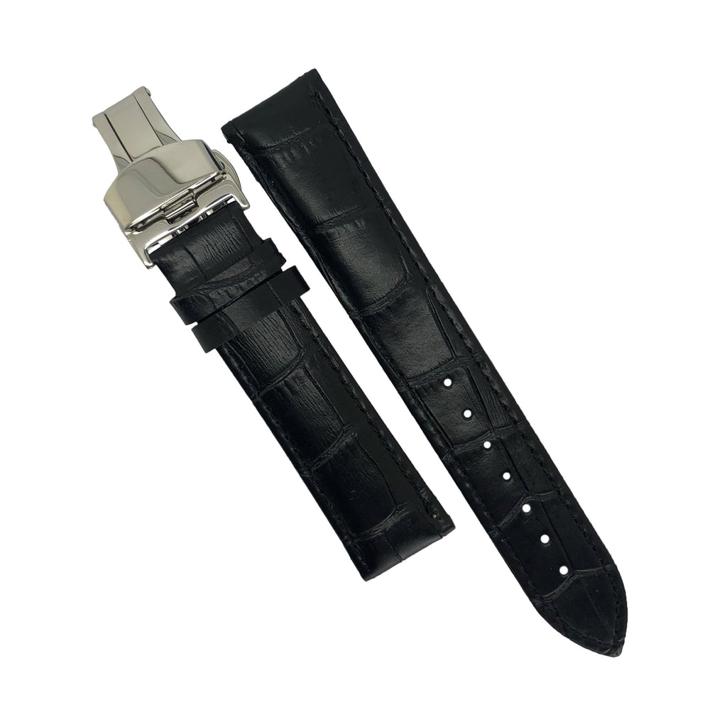 Genuine Leather Watch Strap in Black with Silver Butterfly Deployant Clasp (18mm)