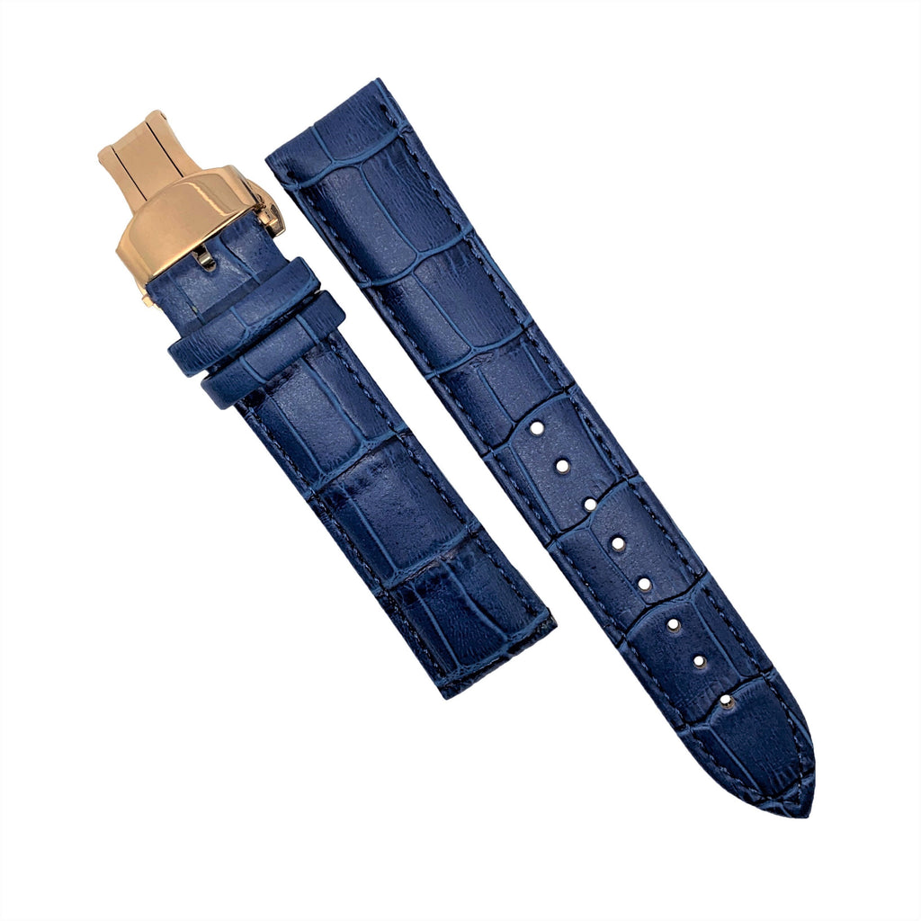Genuine Leather Watch Strap in Blue with Rose Gold Butterfly Deployant Clasp (18mm) - Nomad watch Works