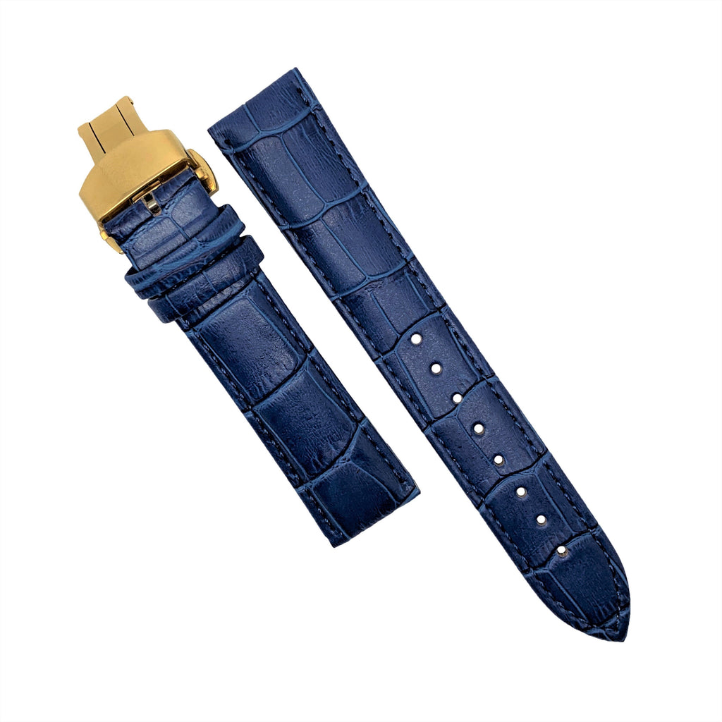 Genuine Leather Watch Strap in Blue with Yellow Gold Butterfly Deployant Clasp (18mm) - Nomad watch Works