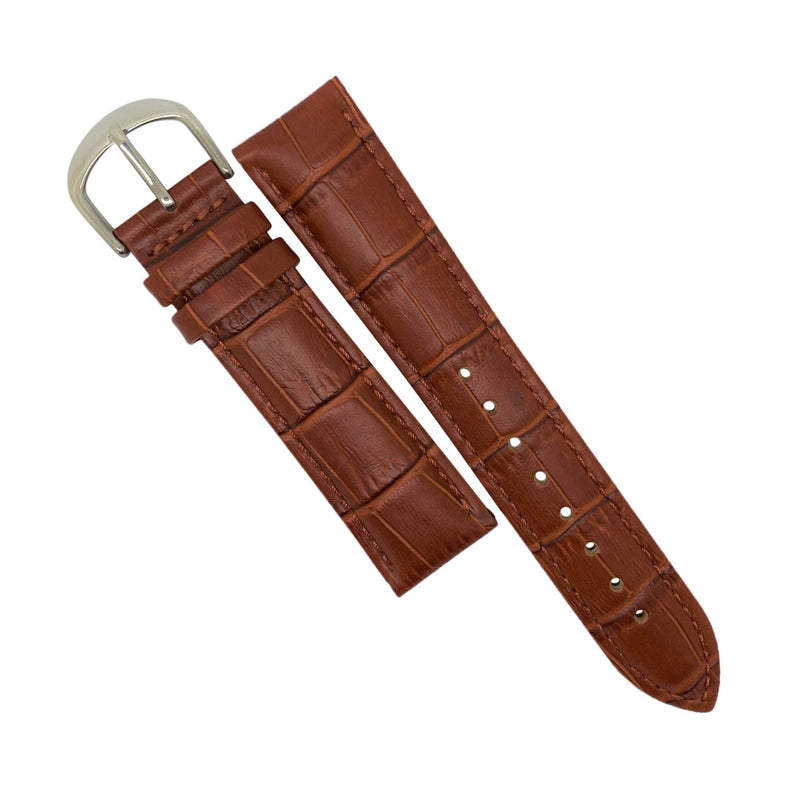 Genuine Croc Pattern Stitched Leather Watch Strap in Tan w/ Silver Buckle (24mm)