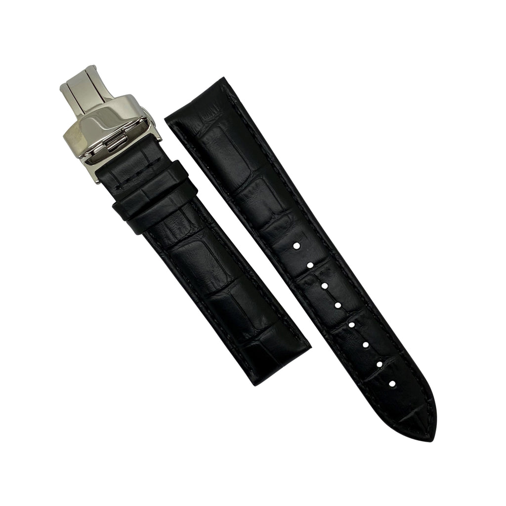 Genuine Croc Pattern Leather Watch Strap in Black w/ Butterfly Clasp (18mm)