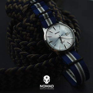 Premium Nato Strap in Navy White Grey (Crest) with PVD Black Buckle (22mm)