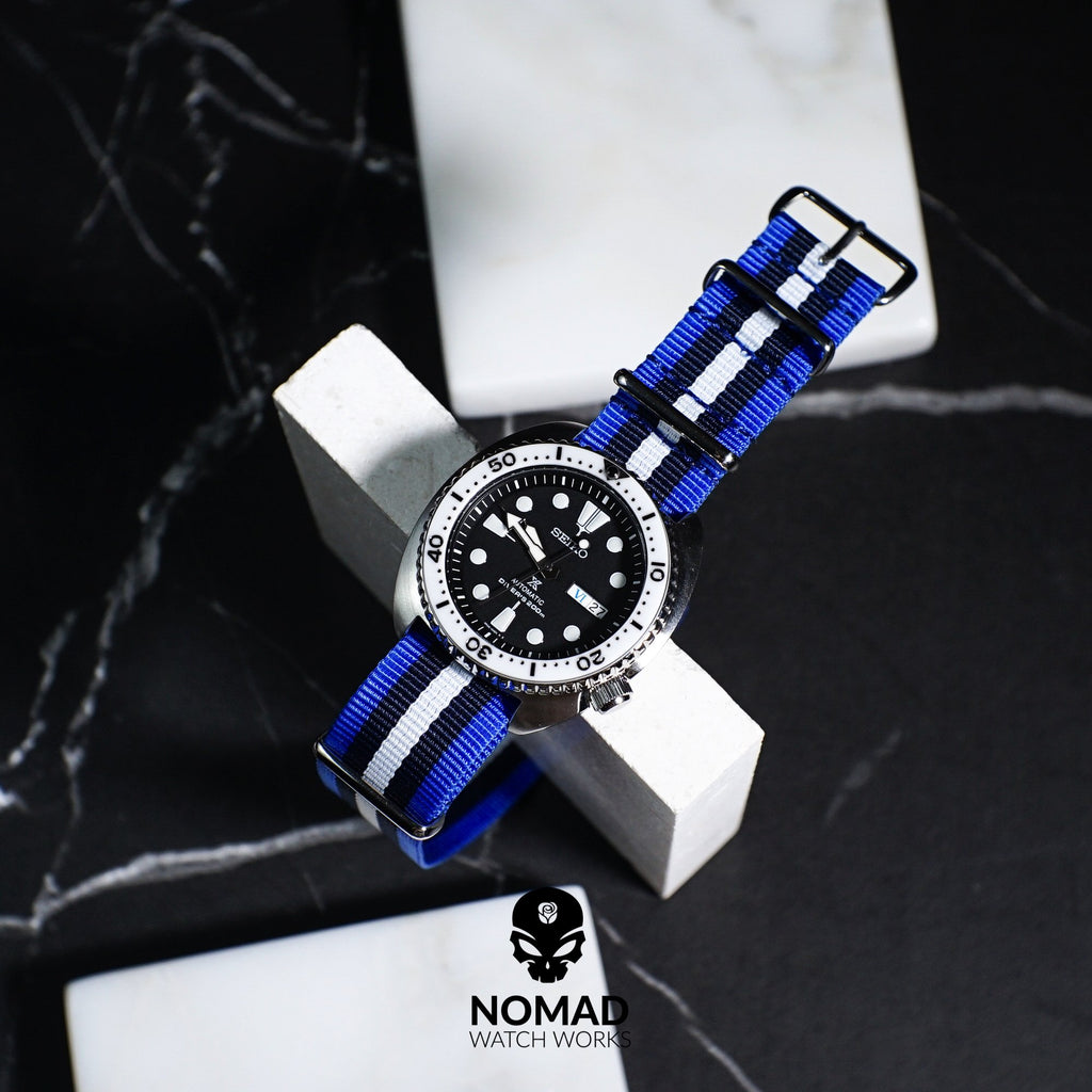 Premium Nato Strap in Blue Black White with Polished Silver Buckle (22mm)