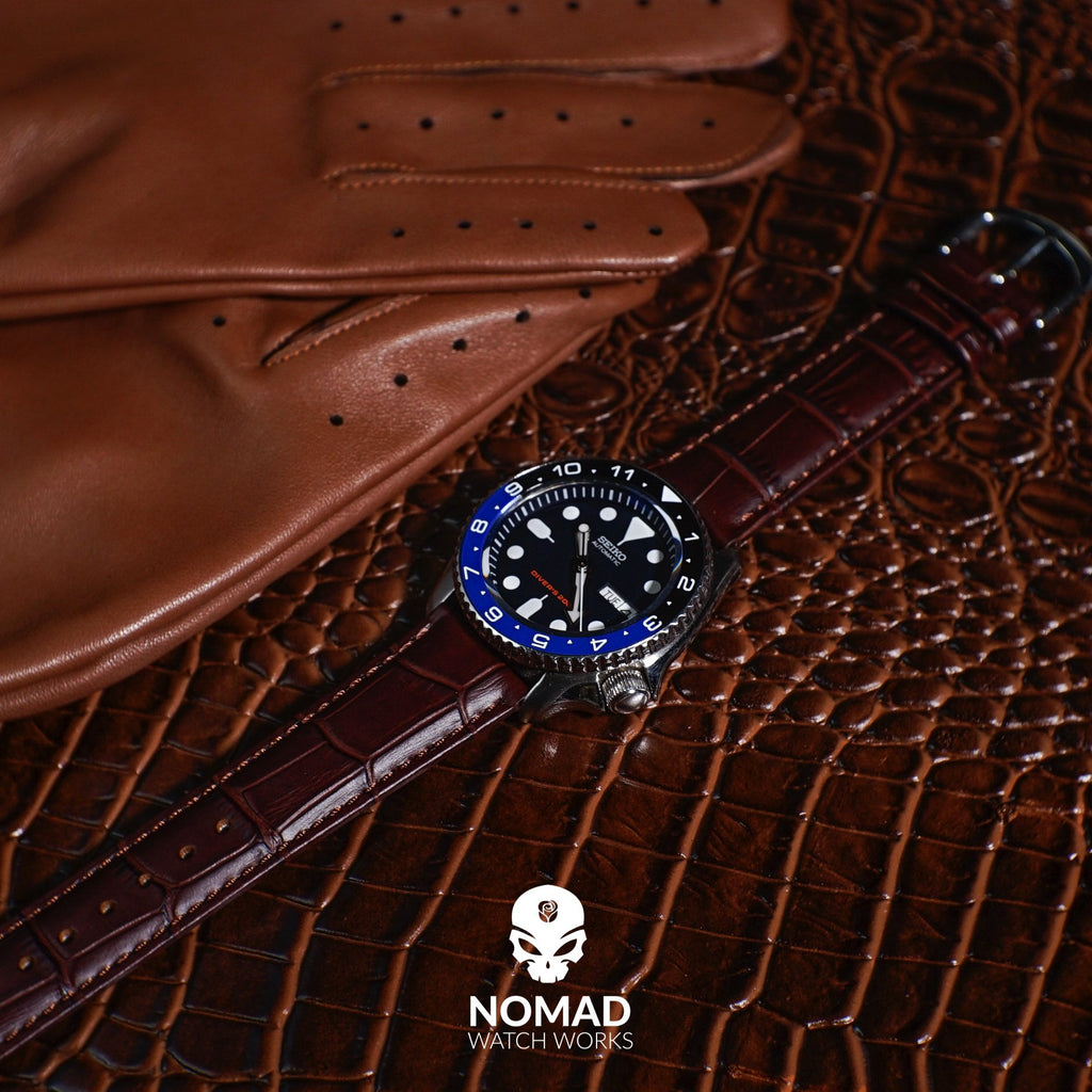 Genuine Croc Pattern Stitched Leather Watch Strap in Brown (19mm) - Nomad watch Works
