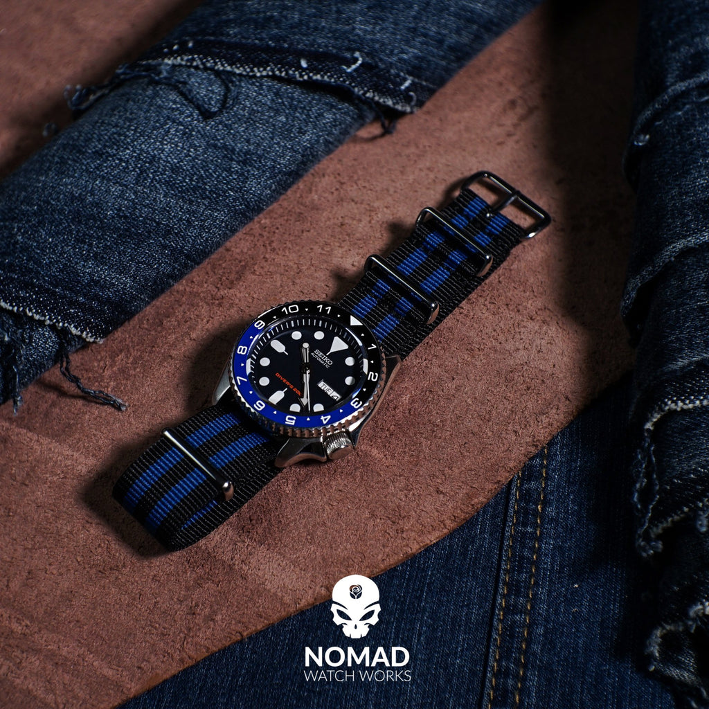 Premium Nato Strap in Black Blue Small Stripes with Polished Silver Buckle (22mm)