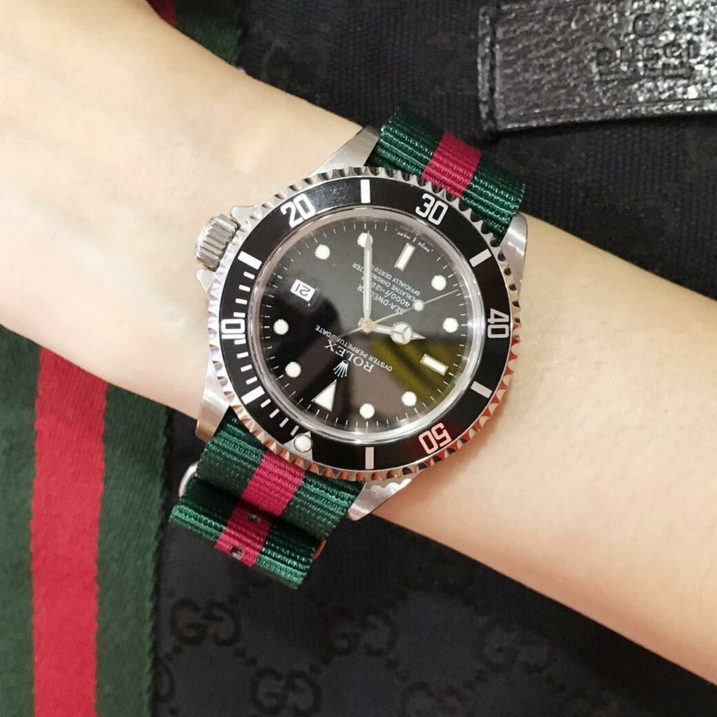 Premium Nato Strap in Green Red with Polished Silver Buckle (20mm)