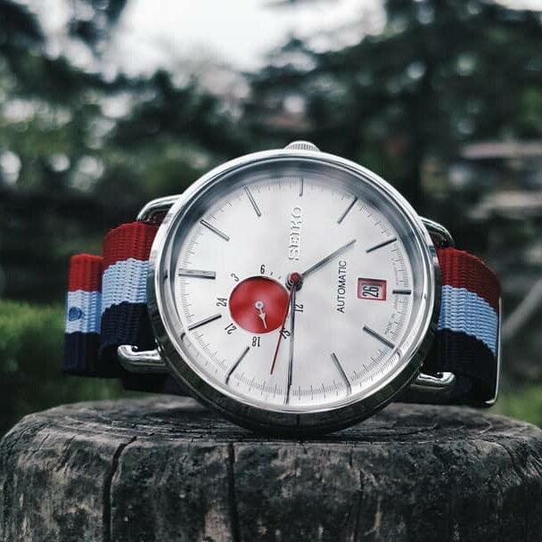 Premium Nato Strap in Navy White Red with Polished Silver Buckle (18mm)