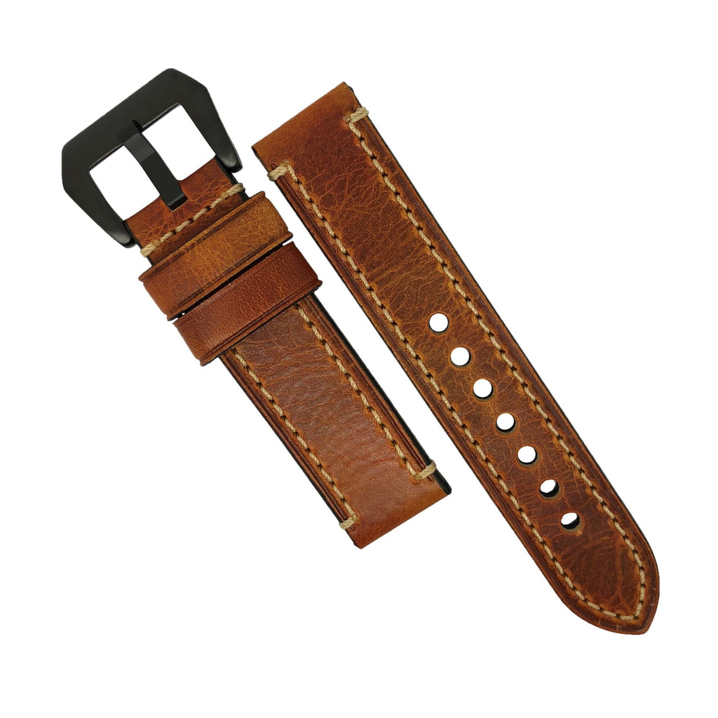 M1 Vintage Leather Watch Strap in Amber with Pre-V PVD Black Buckle (22mm) - Nomad watch Works