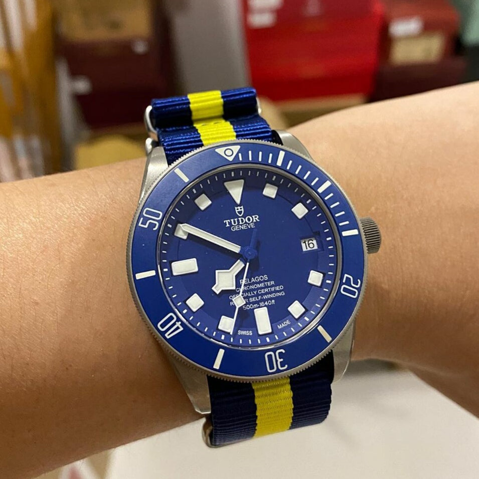 Premium Nato Strap in Navy Yellow with Polished Silver Buckle (22mm)