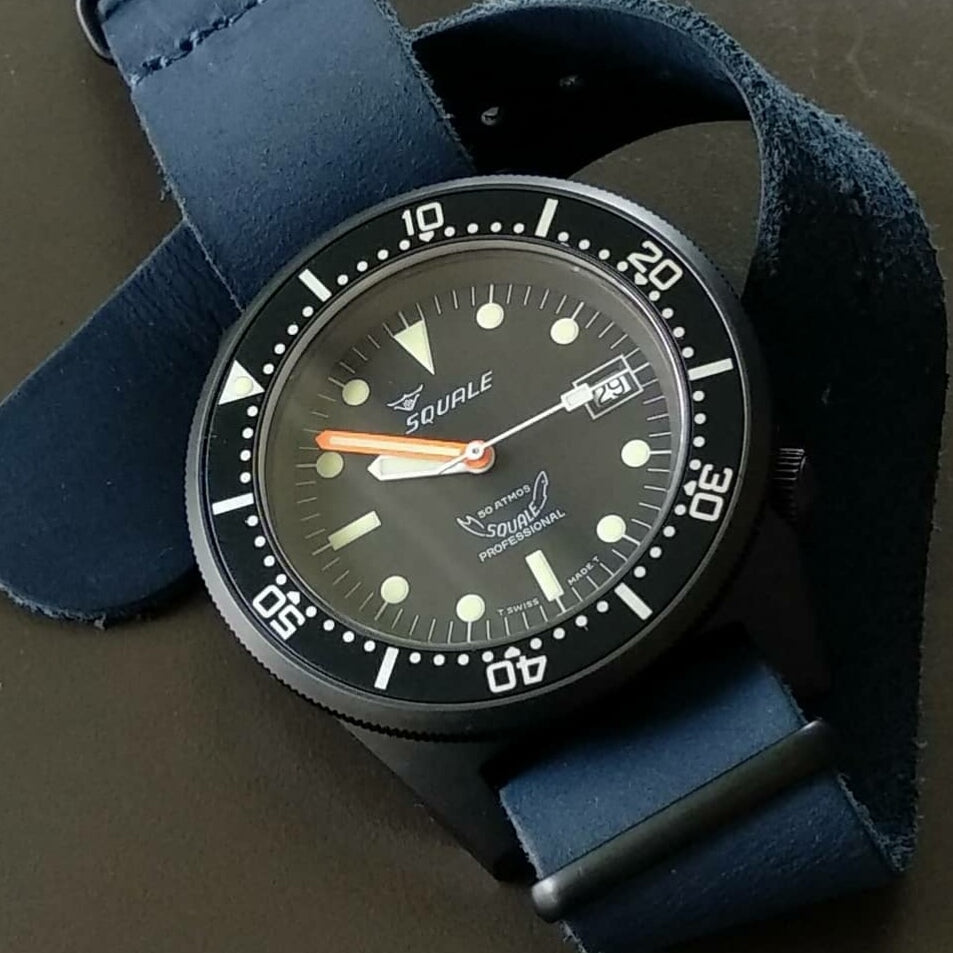 Premium Leather Nato Strap in Navy with Black Buckle (22mm)