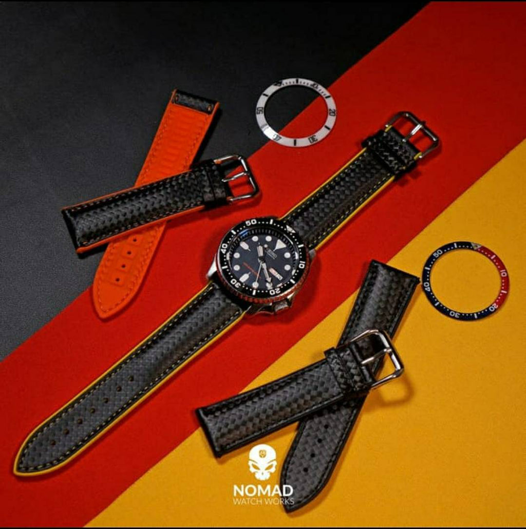 Performax Carbon Embossed Leather Hybrid Strap in Orange Stitching (20mm)