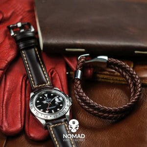 M2 Oil Waxed Leather Watch Strap in Brown with Pre-V Silver Buckle (24mm) - Nomadstore Singapore