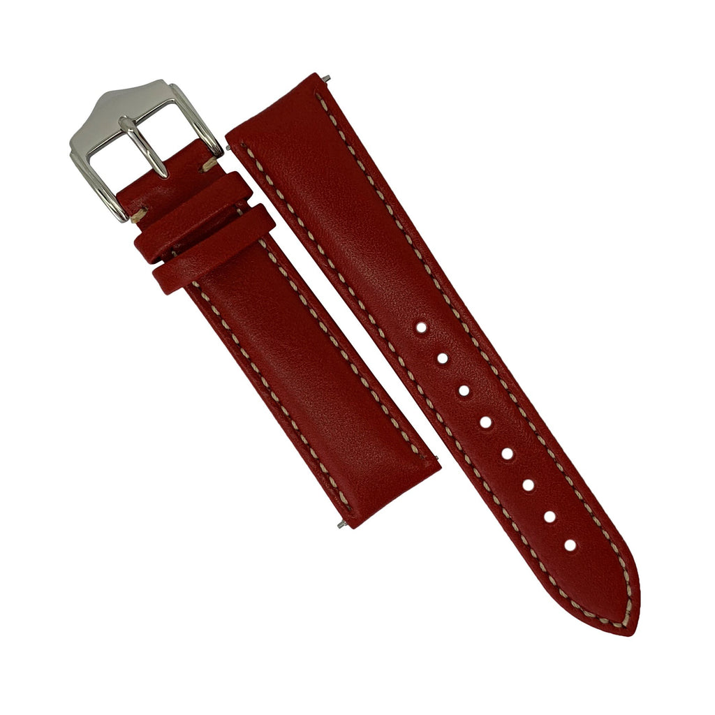 Quick Release Classic Leather Watch Strap in Red w/ Silver Buckle (20mm)
