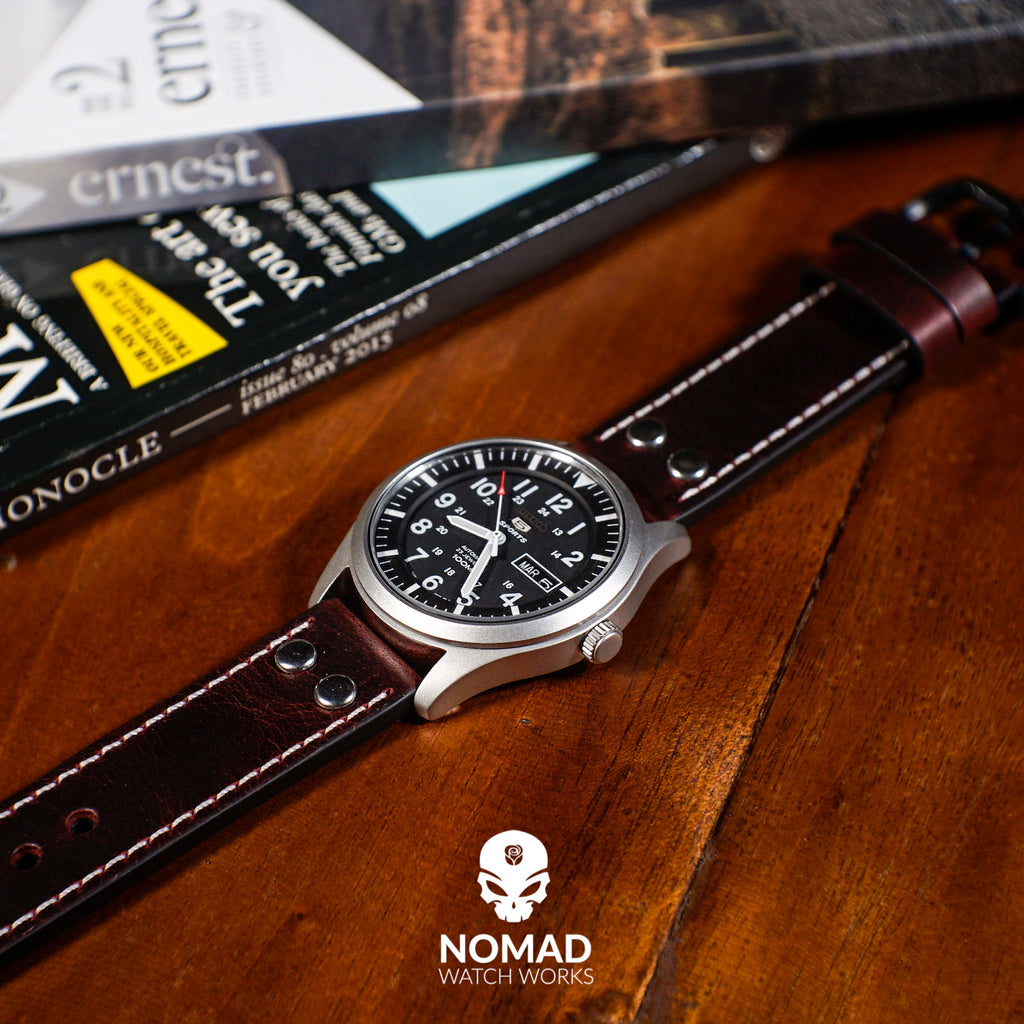 Premium Pilot Oil Waxed Leather Watch Strap in Maroon with Black Buckle (22mm)