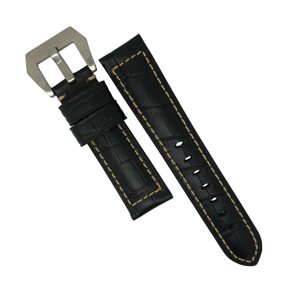 Premium Croc Embossed Leather Watch Strap in Black with Pre-V Silver Buckle (26mm)