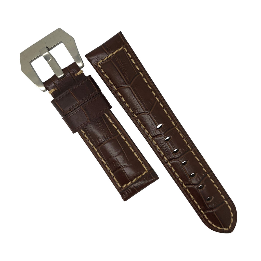Premium Croc Embossed Leather Watch Strap in Brown with Pre-V Silver Buckle (26mm)