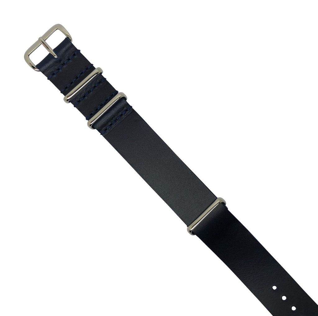 Premium Leather Nato Strap in Navy with Silver Buckle (22mm)