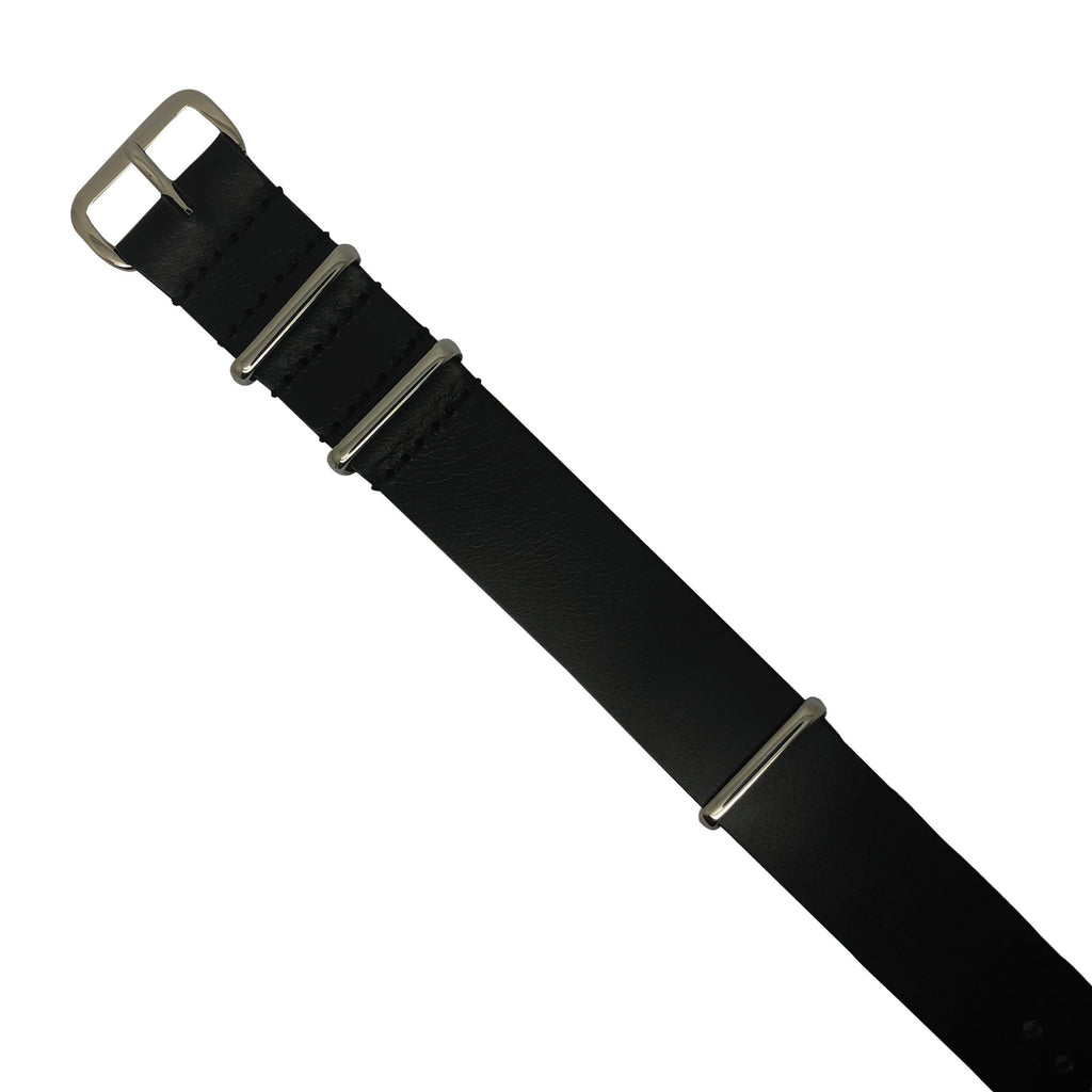 Premium Leather Nato Strap in Black with Silver Buckle (18mm)