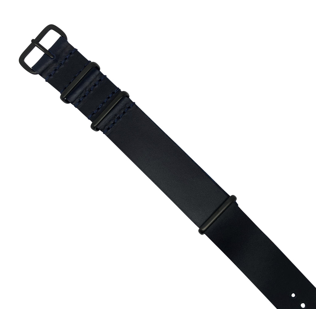 Premium Leather Nato Strap in Navy with Black Buckle (22mm)