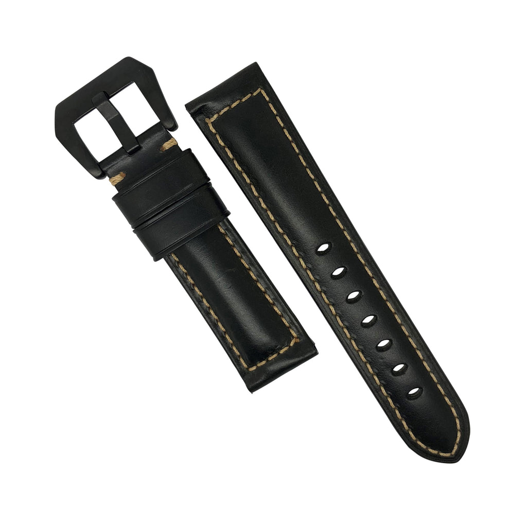 M2 Oil Waxed Leather Watch Strap in Black with Pre-V PVD Black Buckle (22mm) - Nomadstore Singapore